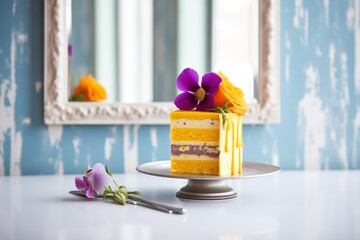 Fototapeta na wymiar sponge cake with passion fruit coulis and edible flowers in window