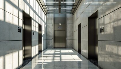 Modern elevator with closed doors.