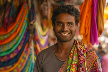 Fototapeta na wymiar indian clothes seller man bokeh style background