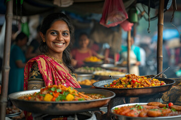 Indian street food seller woman bokeh style background