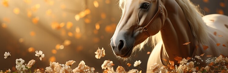 A solemn view of a horse decorated with flowers on a holiday. Concept: horseback riding and festivals with animals