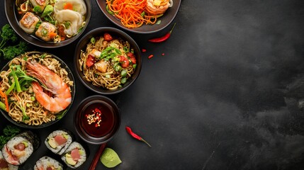 Top view asian cuisine on dark background flat layout with empty space on on side. mockup and copy space design - Powered by Adobe