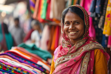 Fototapeta premium indian clothes seller woman bokeh style background