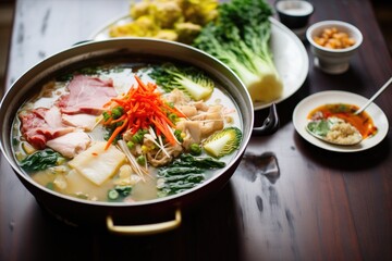 sichuan hot pot with meats and vegetables