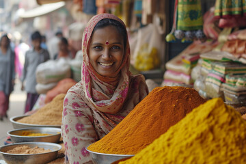 indian spice seller woman bokeh style background - obrazy, fototapety, plakaty