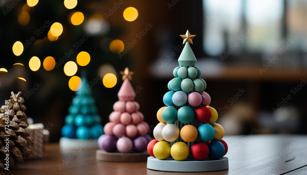 Wall mural Christmas decoration on wood table, close up, indoors generated by AI