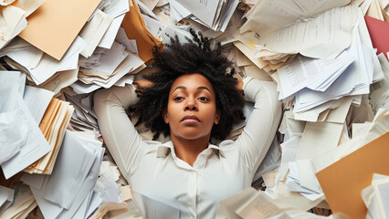 African American woman businesswoman lies amidst a vast array of scattered papers, portraying a metaphor for managing work stress - obrazy, fototapety, plakaty