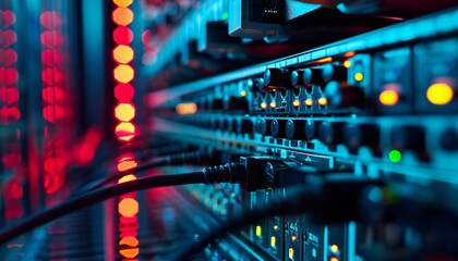 Rackmount LED console in the server room of the data center.