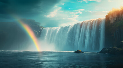 Beautiful Skogafoss waterfall with rainbow at sunset