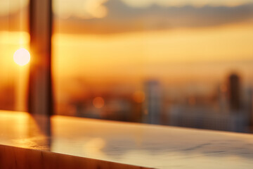 Abstract Blurry Background of The golden sunset view over a city skyline as seen from the vantage point of a high-rise balcony lounge table. - obrazy, fototapety, plakaty