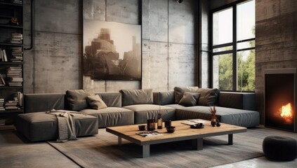 a modern grey house with grey walls and couches with a fireplace