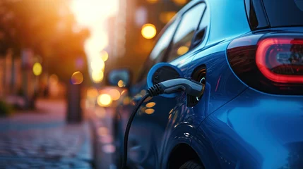 Fototapeten Blue electric car connected plugging to a charging station at dusk with city lights in the background. © SObeR 9426