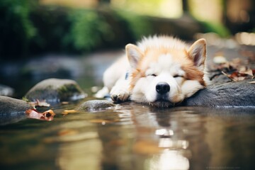husky dog lying in a brook to cool off - obrazy, fototapety, plakaty