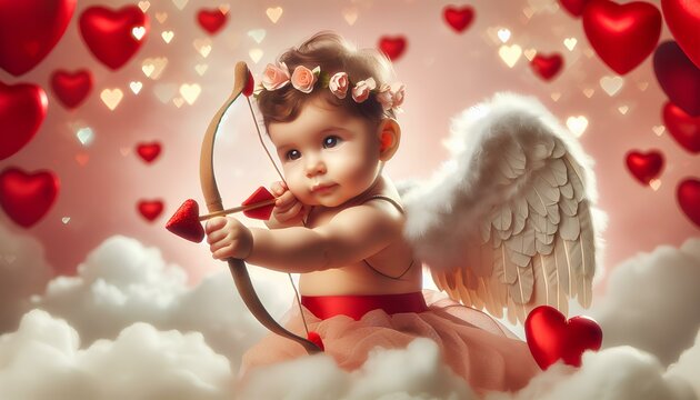 Child in Cupid costume with bow, arrow aimed at hearts on pastel background with bokeh, clouds