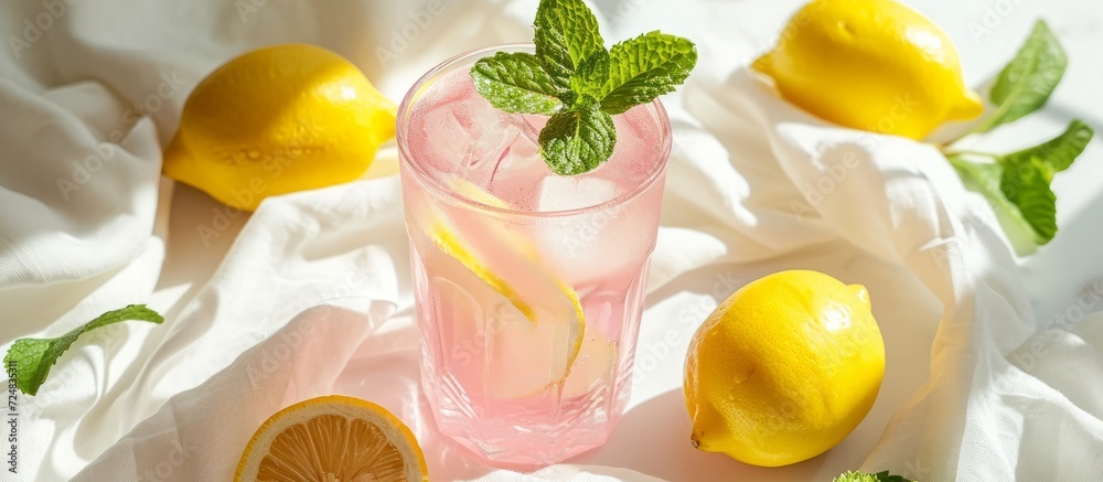 Wall mural a pink drink in a glass cup with a mint leaf, white cloth, and lemons.