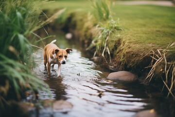 dog wading cautiously into a brook - obrazy, fototapety, plakaty