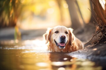 golden retriever lying in the brook cooling off - obrazy, fototapety, plakaty