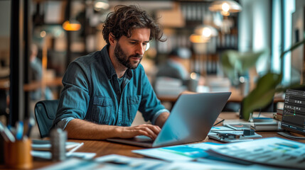 A officer man working on laptop in office.