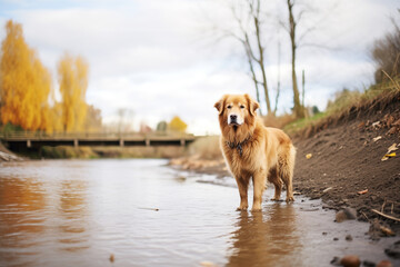golden retriever standing midbrook looking upstream