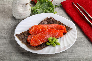 Sliced salmon sashimi in the plate