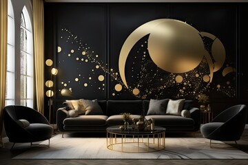 luxe living room with black furniture and a golden designed painting on the black wall