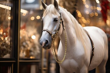 Obraz premium Fun on the street and horses decorated for the holiday. Concept: horseback riding and festivals with animals, bright bokeh lights from garlands