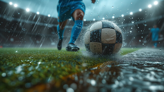 Football player kicking ball in the rain.