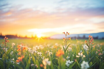 spring equinox sunset over a flower field - obrazy, fototapety, plakaty
