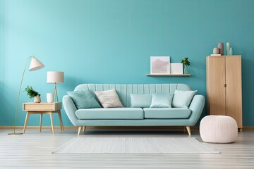 luxus living room with balls and blue sofa with white and blue pillows beside a lamp