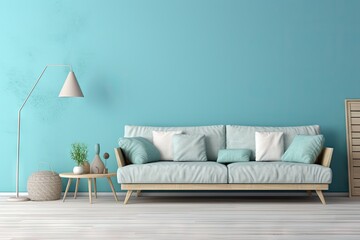 luxus living room with balls and blue sofa with white and blue pillows beside a lamp