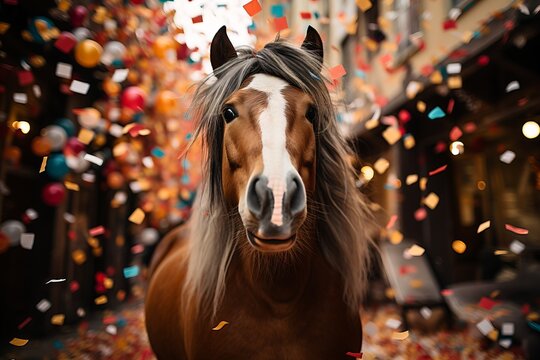 horses decorated for the holiday. Concept: horseback riding and festivals with animals, bright bokeh lights from garlands