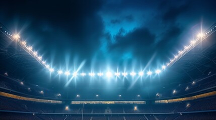 Stadium lights pierce the dark night sky, casting a radiant glow in the background. football stadium