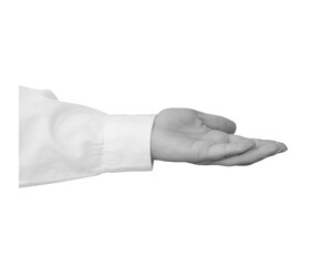 Black and white hand in a white shirt holds something isolated on white background - element for collage