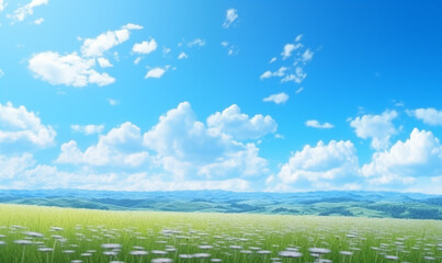 Fototapeta na wymiar Blue sky landscape background. Green fields, mountain ranges and clouds in the sky. Used for backdrops, posters, postcards, brochures and wallpapers.