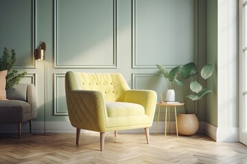 In a light green living room, a light yellow chair. minimalist design idea style of pastel colors
