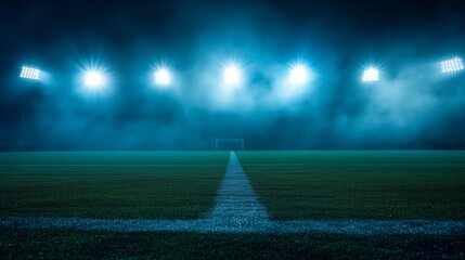 Stadium lights pierce the dark night sky, casting a radiant glow in the background. football stadium