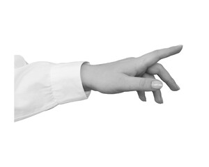 Black and white hand in a white shirt points or touch with a finger isolated on white background - element for collage