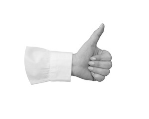 Black and white hand in a white shirt shows a thumbs up gesture isolated on white background -...