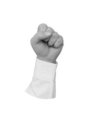 Black and white woman's hand in a white shirt shows fist isolated on white background - element for collage