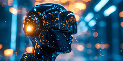 Artificial intelligence robot cyborg head in cyber space