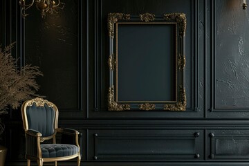 Empty photo frame in an old European style house, classic black and gold decoration. Vintage room with chair and frame - obrazy, fototapety, plakaty