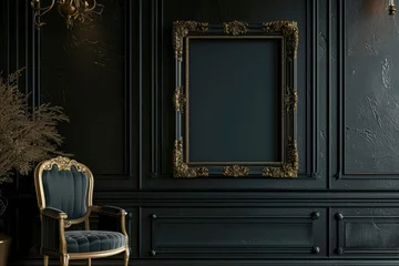 Poster Empty photo frame in an old European style house, classic black and gold decoration. Vintage room with chair and frame © Neda Asyasi