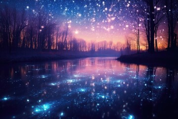 white shining snowflakes falling in a blue lake in the night