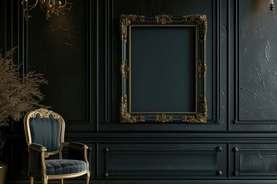 Empty photo frame in an old European style house, classic black and gold decoration. Vintage room with chair and frame