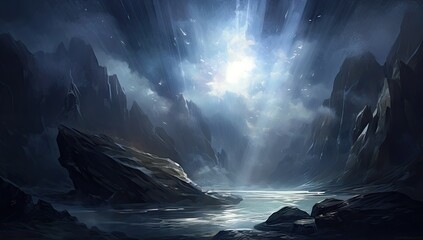 sparkles and light coming from the sky on a dark night with black rocks and mountains surrounding a river