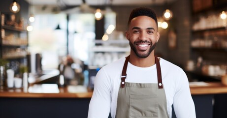 Obraz premium Confident barista in café, copy space for coffee culture text.