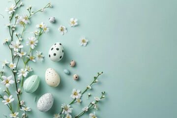 Happy Easter composition for Easter design. Elegant Easter eggs and flowers on mint background. 