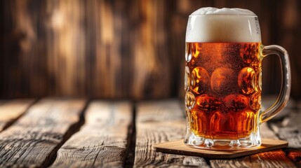 beer with foam in a glass glass on a wooden board - obrazy, fototapety, plakaty