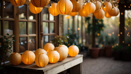 Wooden table with lantern, decorated with bright ornaments generated by AI