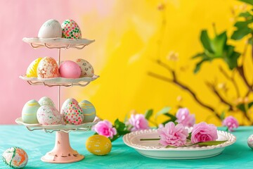 Easter decorated tiered tray on colorful background, copy space.